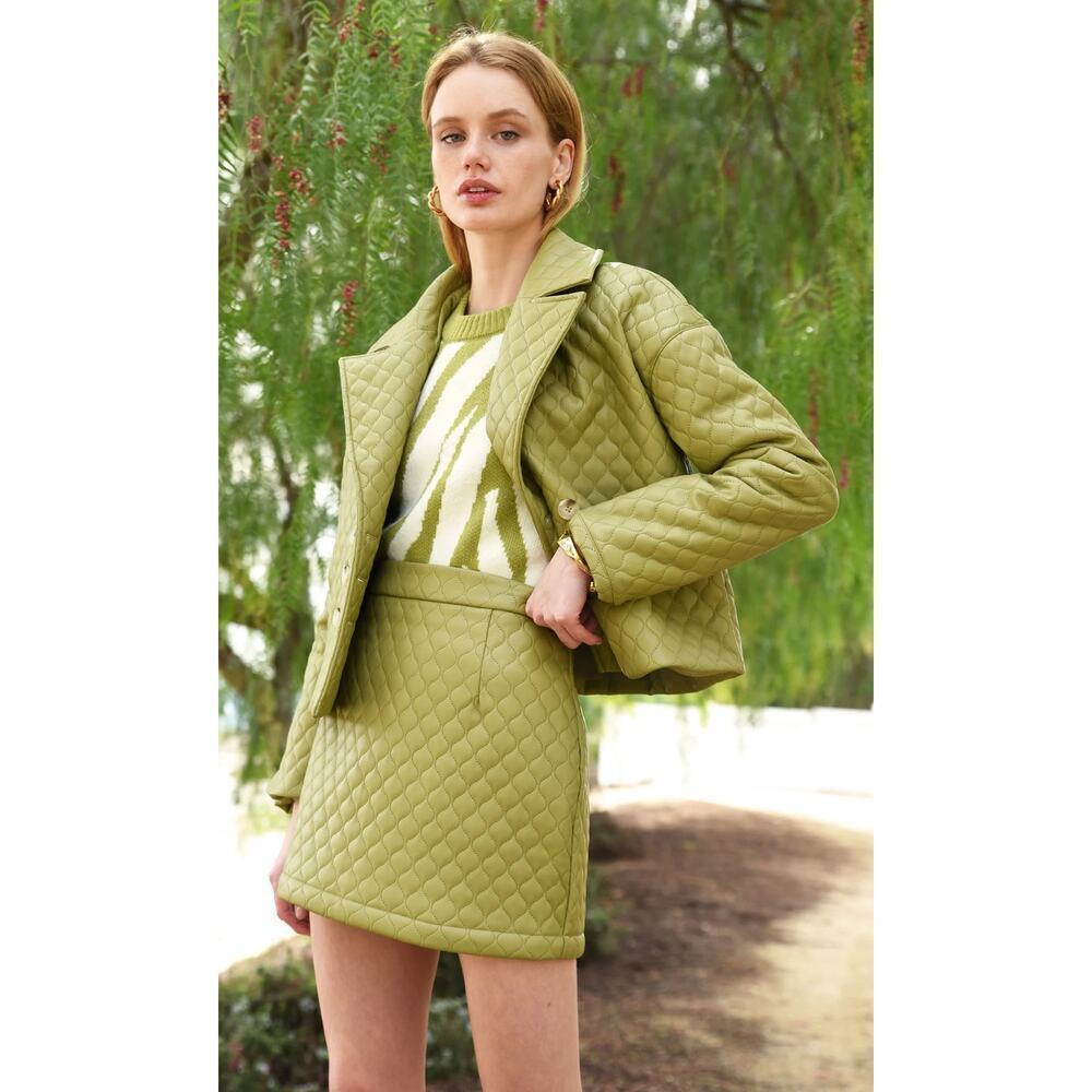 Greylin Sandra Quilted Vegan Leather Jacket & Mini Skirt Algae Green Set M